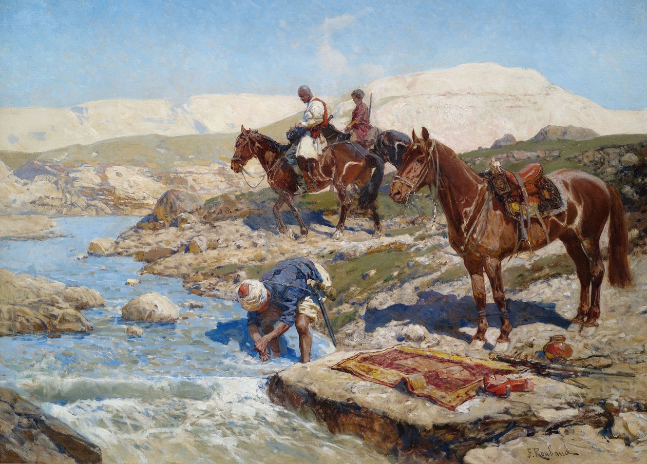 Jinete circasiano cruzando el río de Franz Roubaud