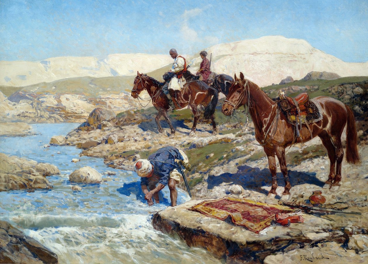 Jinetes cherkesianos cruzando el río de Franz Roubaud