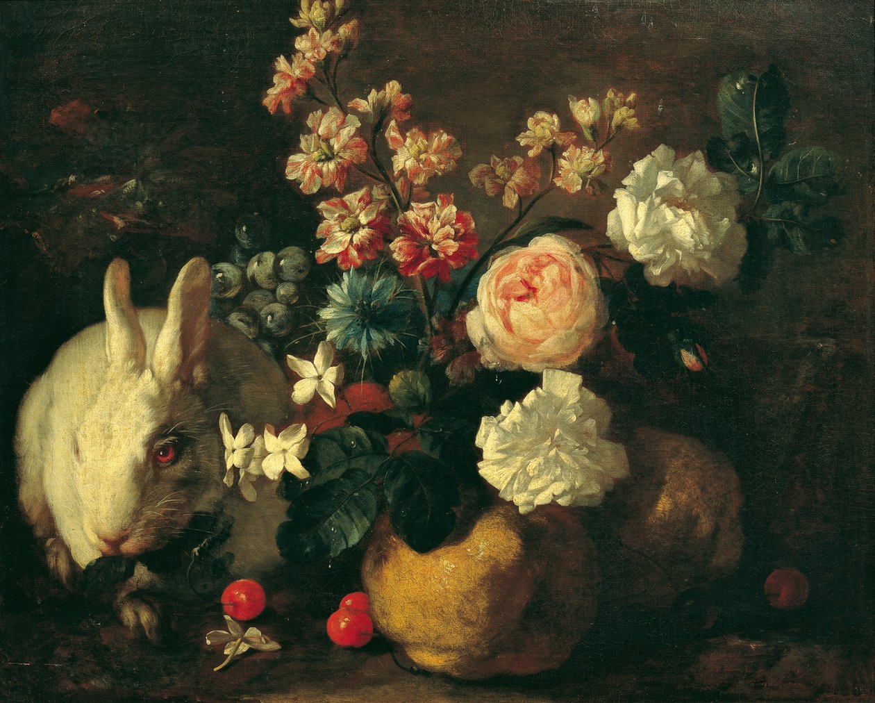 Bodegón con conejos, flores y frutas. de Franz Werner Tamm