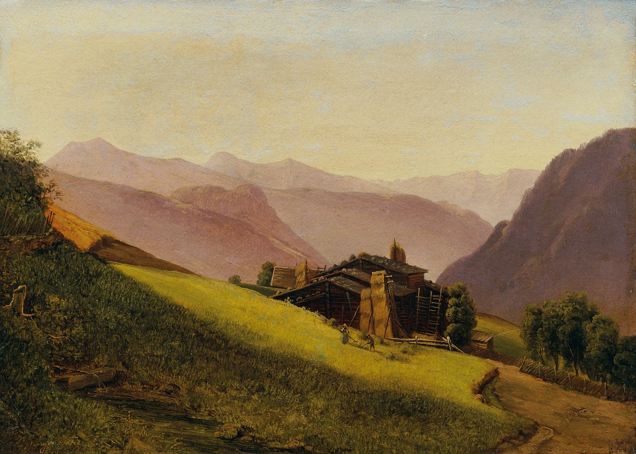 Paisaje de montaña con cabañas alpinas y granjeros henificando de Franz Wipplinger
