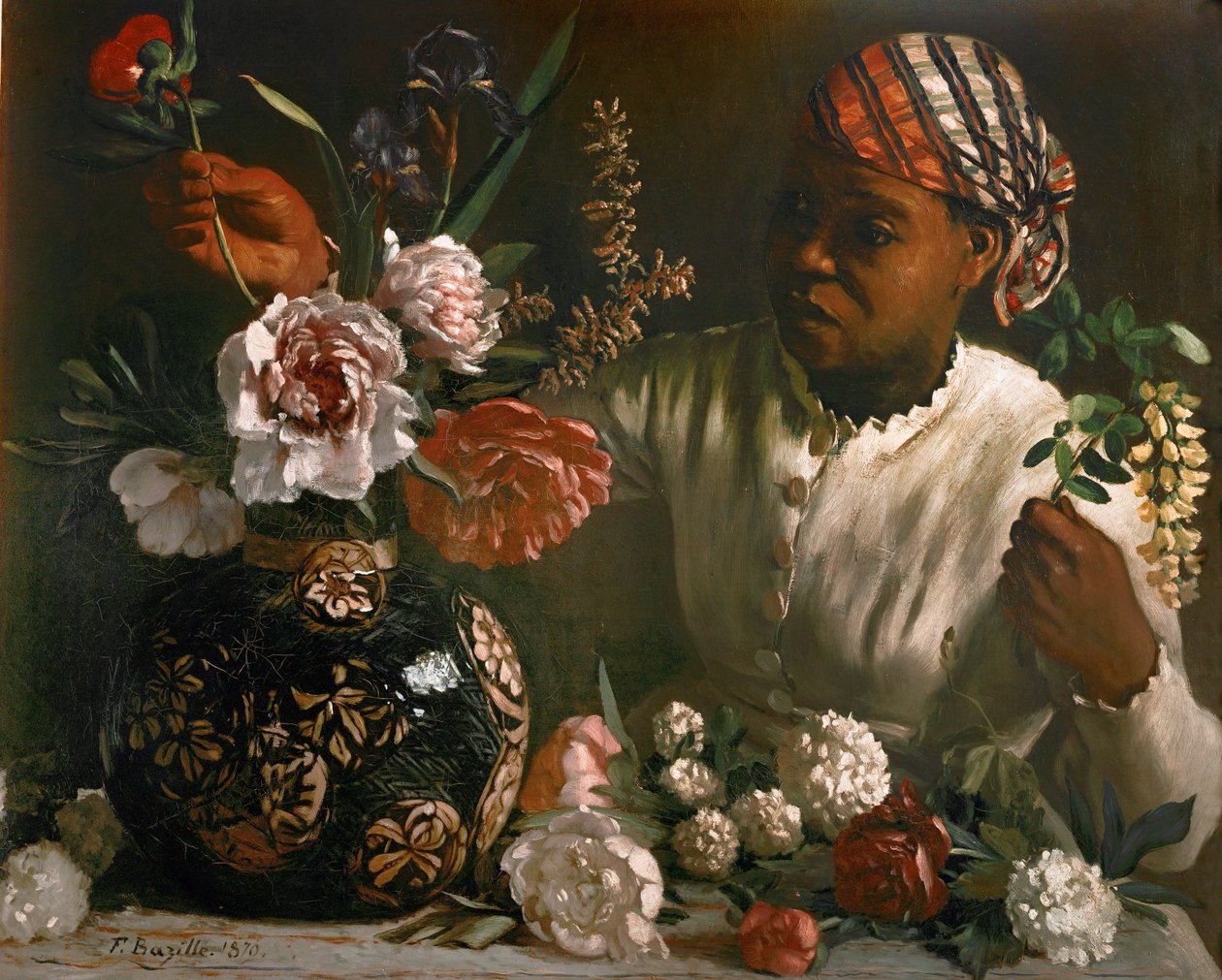 Mujer negra con peonías ... (óleo sobre lienzo) de Frédéric Bazille