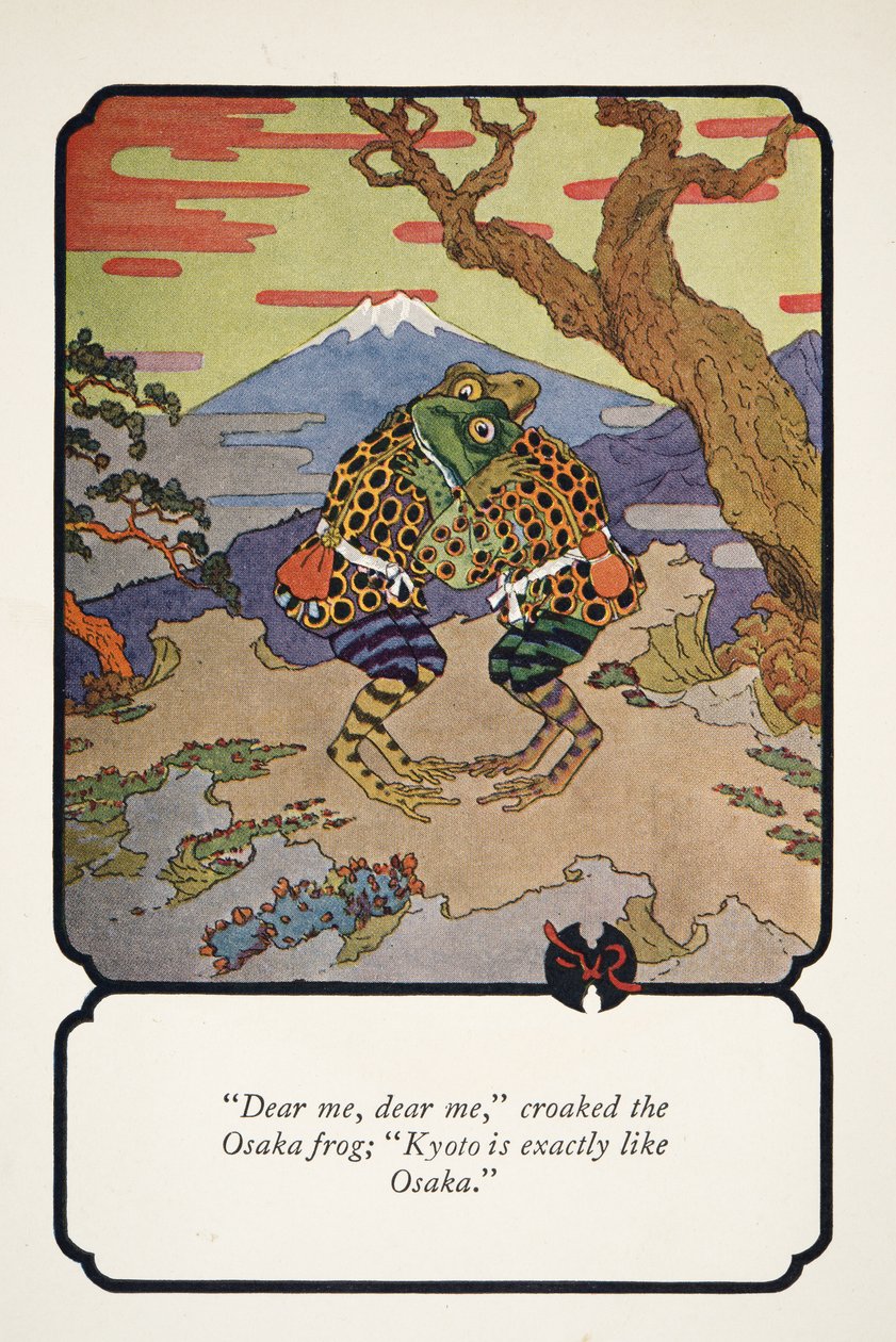 Querido yo, querido yo, croó la rana de Osaka, Kioto es exactamente como Osaka, ilustración de Little Peaching y Otros Cuentos del Viejo Japón, c. 1928 de Frederick Richardson