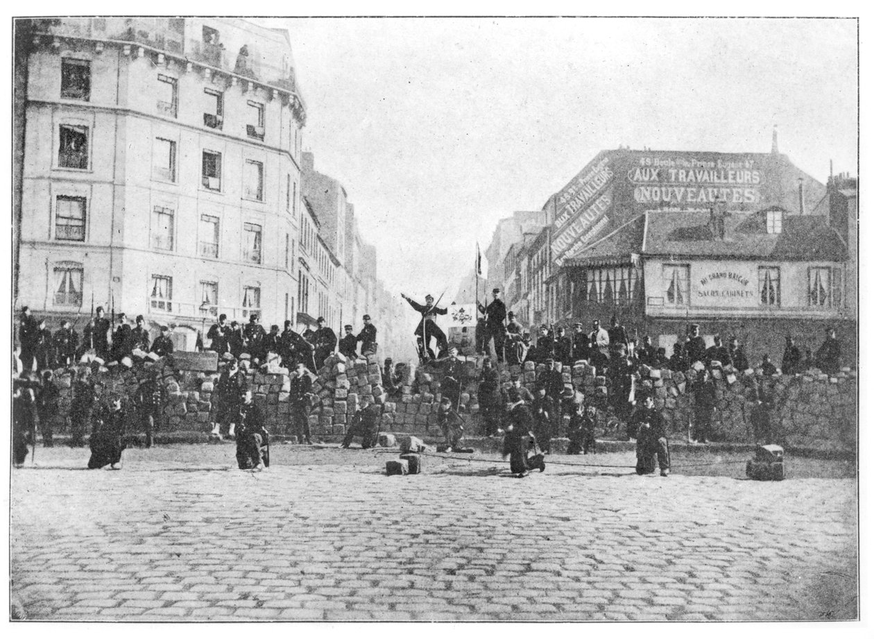 Barricada en el Faubourg Saint-Antoine durante la Comuna, 18 de marzo de 1871 de French School