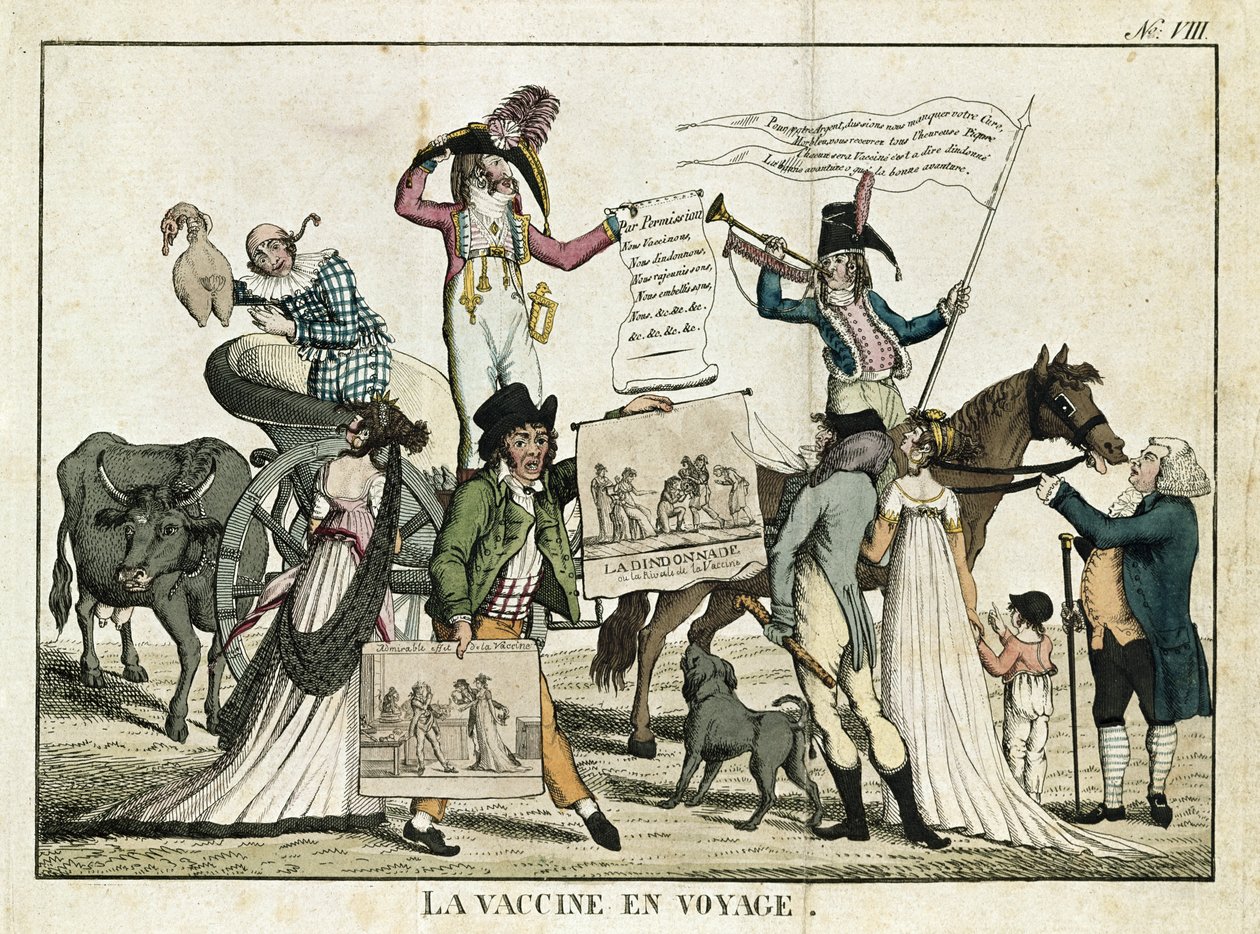Caricatura que representa a médicos charlatanes ofreciendo vacunas de French School