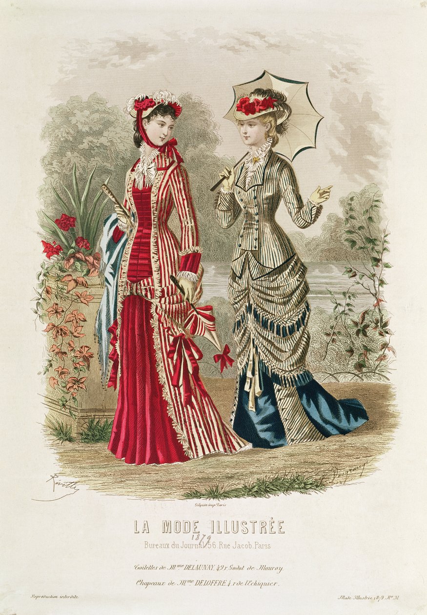 Placa de moda que muestra sombreros y vestidos, ilustración de 