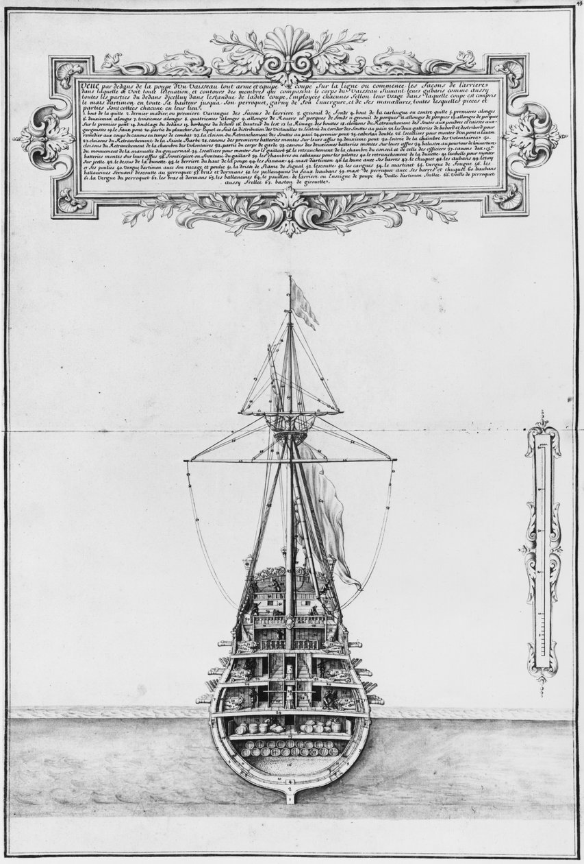 Popa interior de un barco completamente armado y equipado, ilustración del 