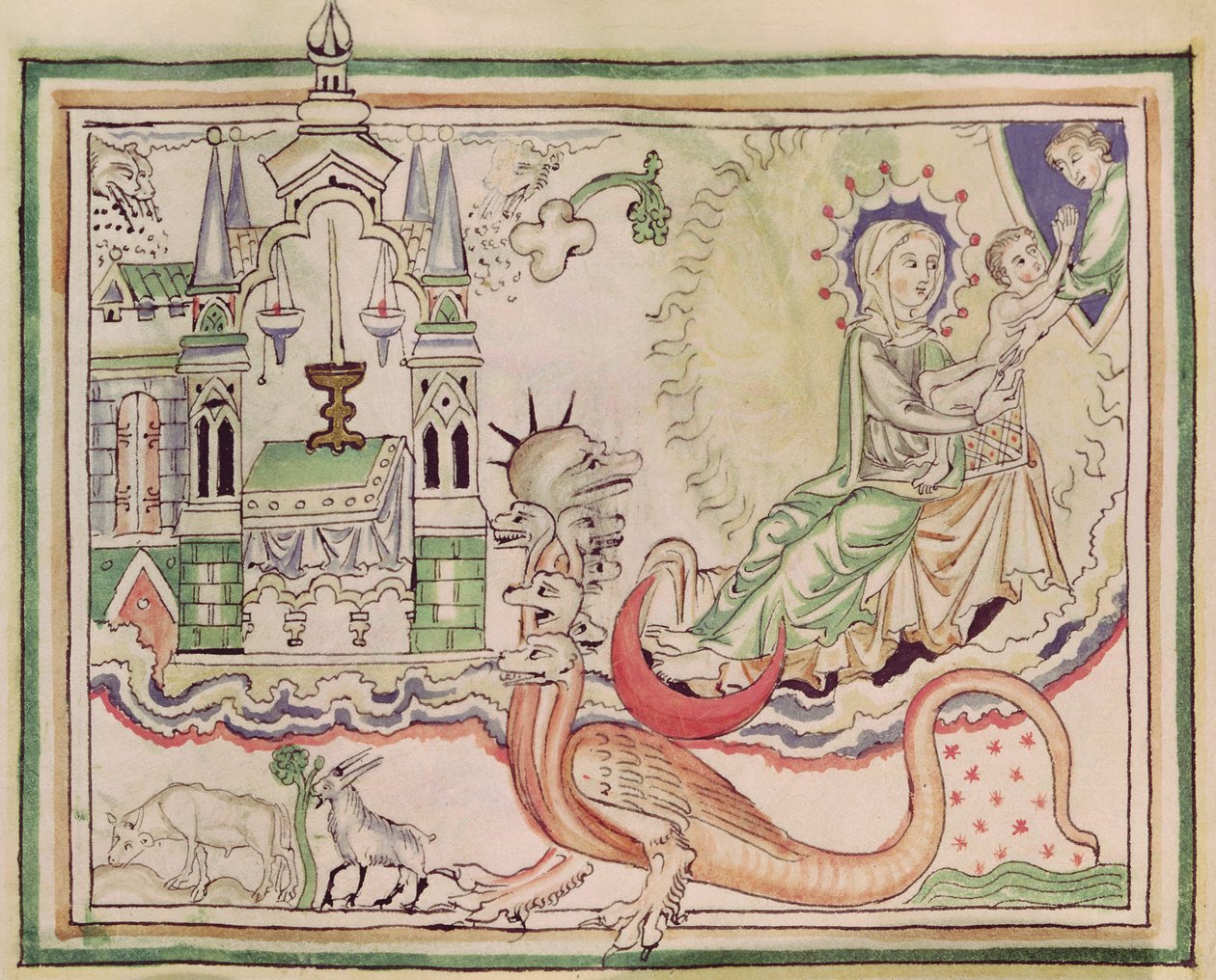 Ms 422 fol.47r La mujer dio a luz a un niño y el monstruo de siete cabezas de French School