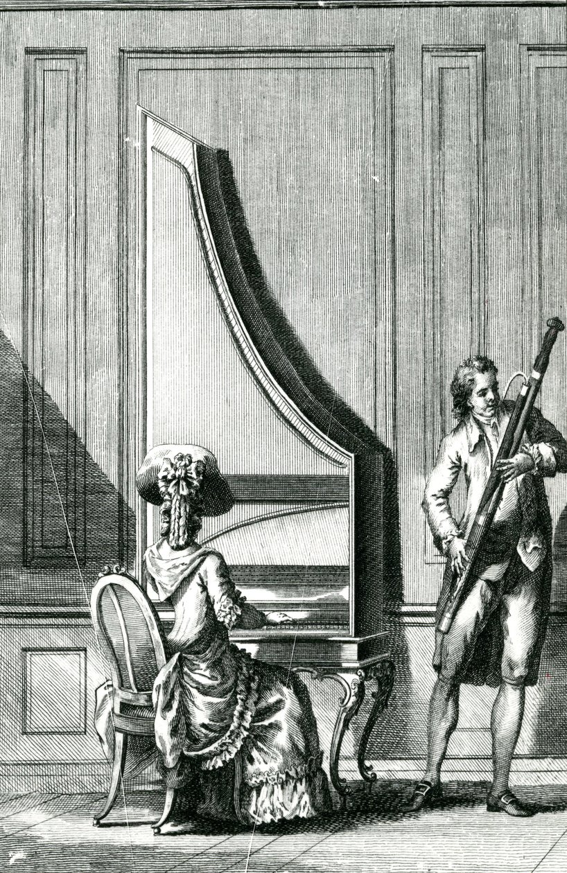 Músicos tocando un clavicordio vertical y un fagot de French School