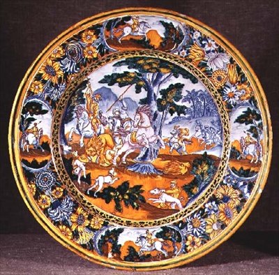Plato de Nevers que representa una escena de caza adaptada de dos grabados de Antonio Tempesta, c.1660 de French School