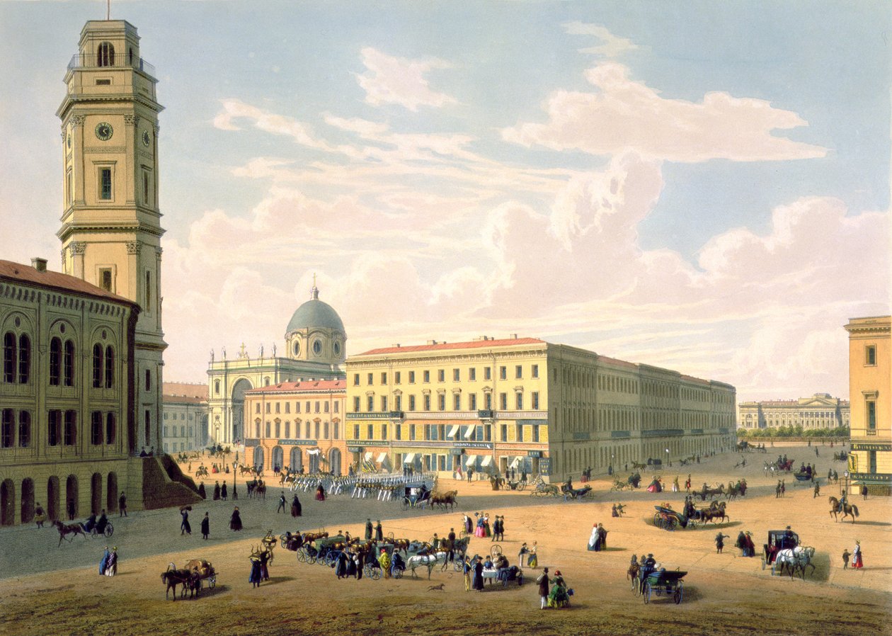 La Iglesia Católica y la Calle Mikhailovskaya en San Petersburgo, impresa por J. Jacottet y Regamey, publicada por Lemercier, París, 1850s de French School