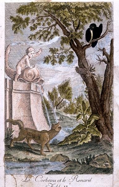 El cuervo y el zorro, ilustración de la fábula de Jean de la Fontaine (1621-95) de French School