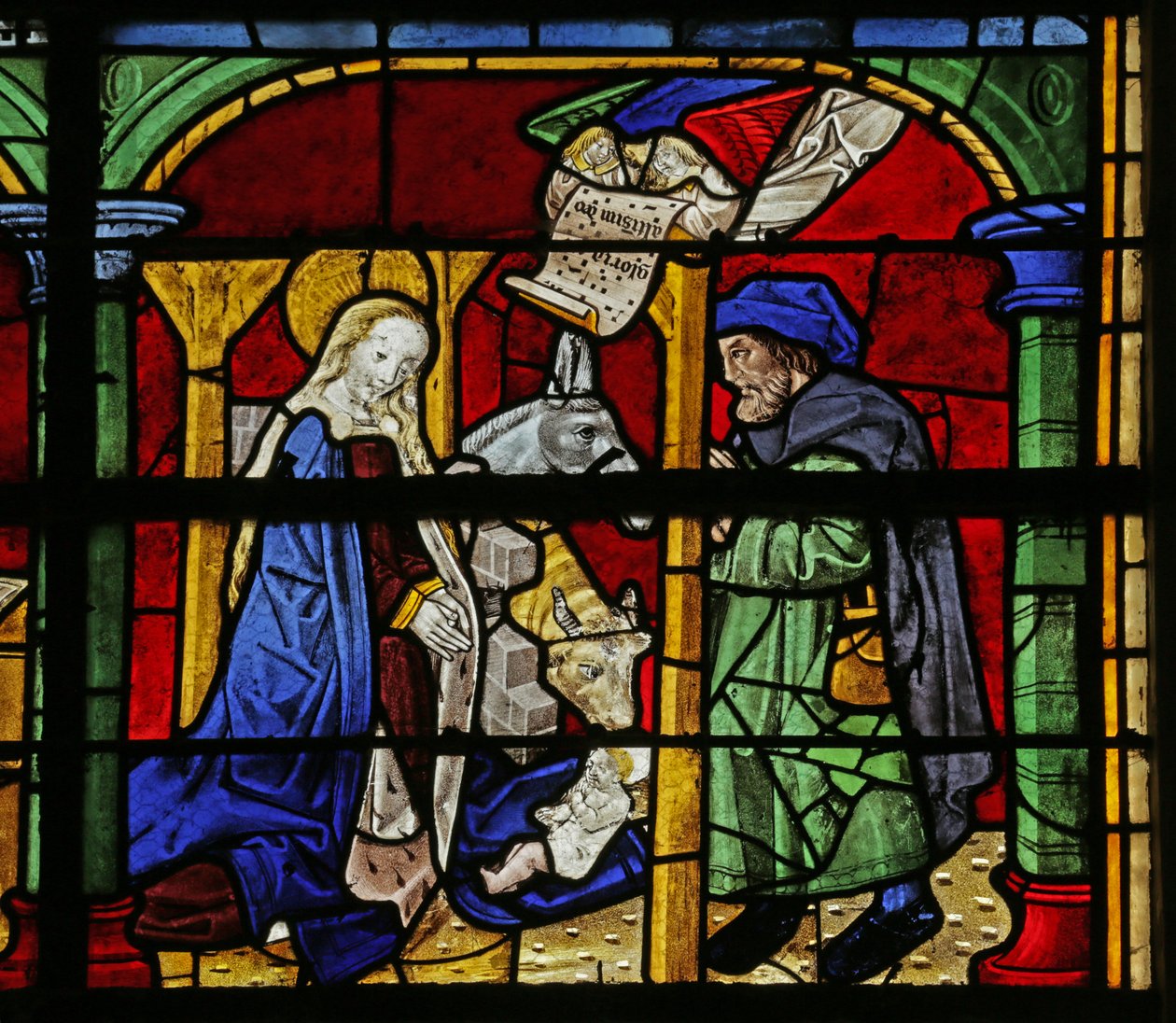 Vidriera que representa la Natividad de French School