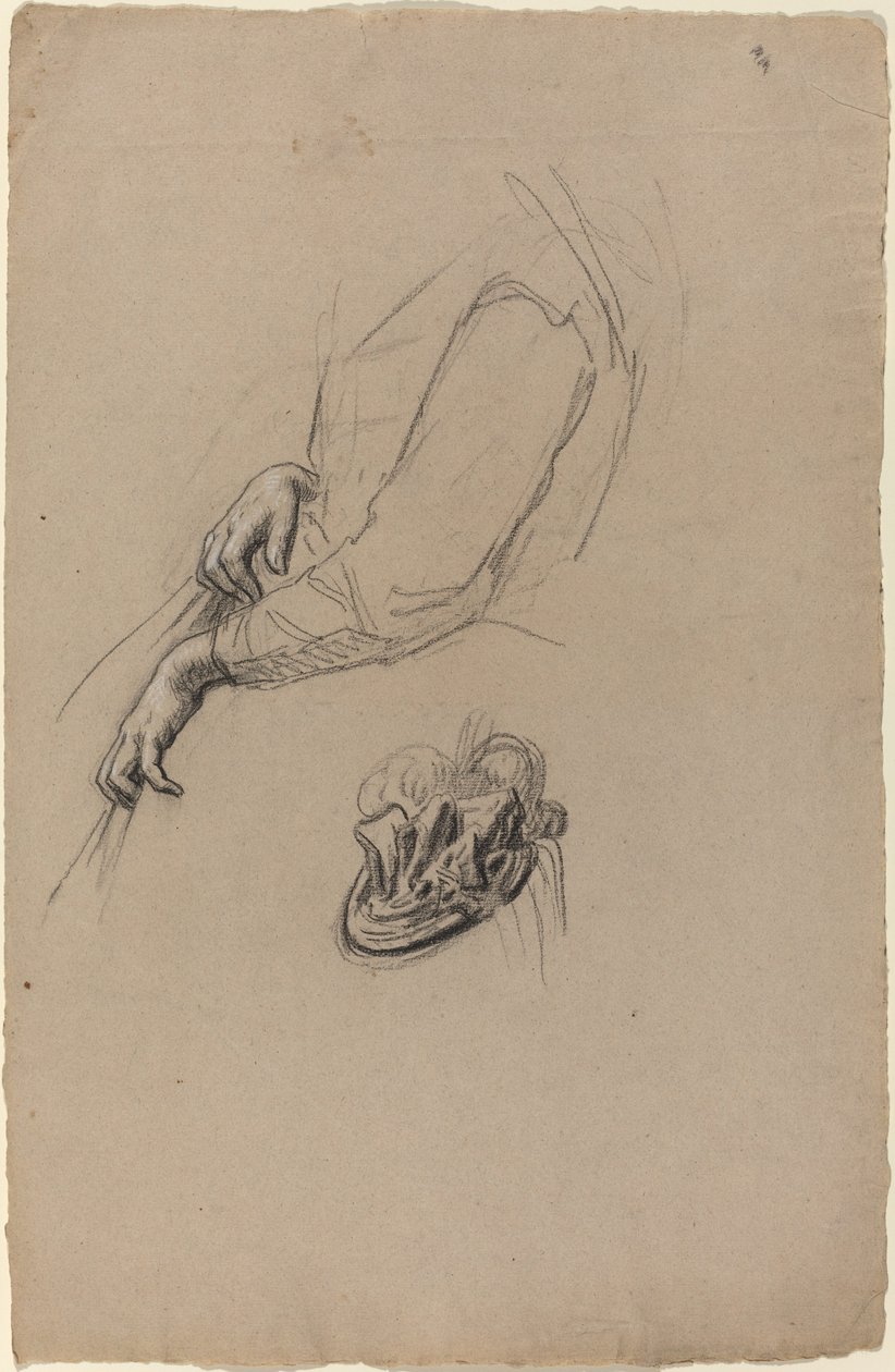 Manos de una joven y sombrero con cintas de French 19th Century