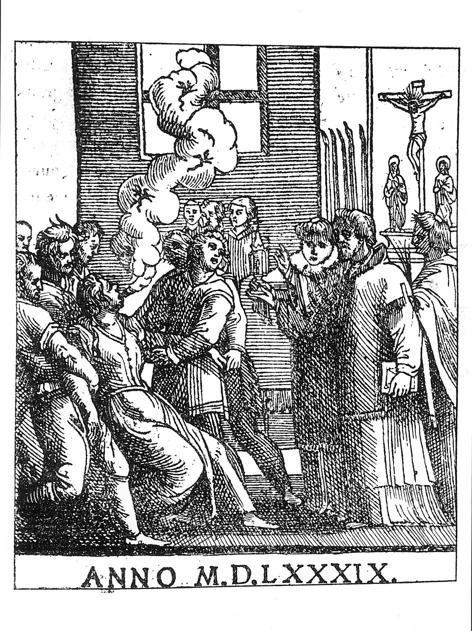 Escena de exorcismo en 1589 de French School