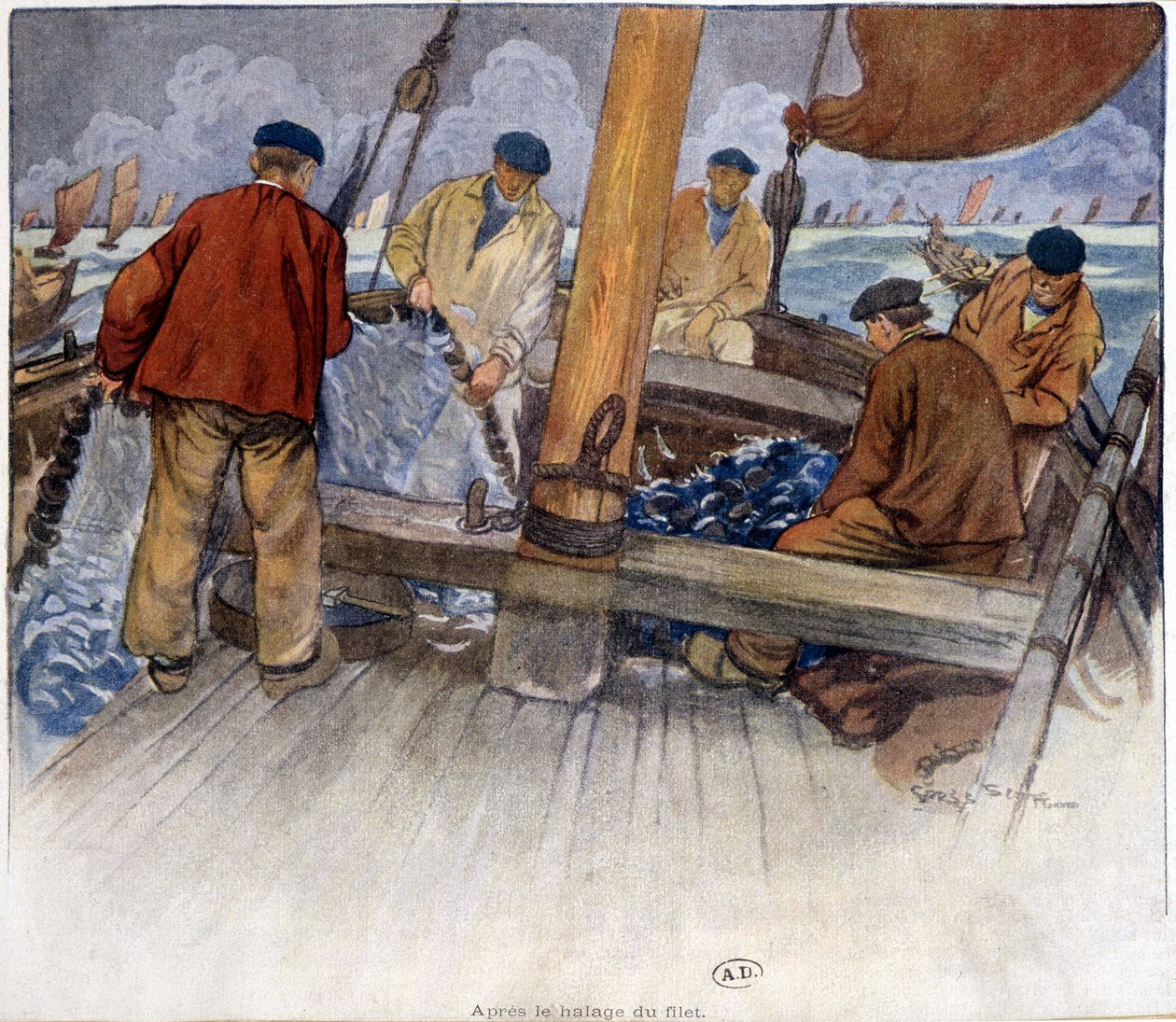 Pescadores vaciando una red a bordo de French School