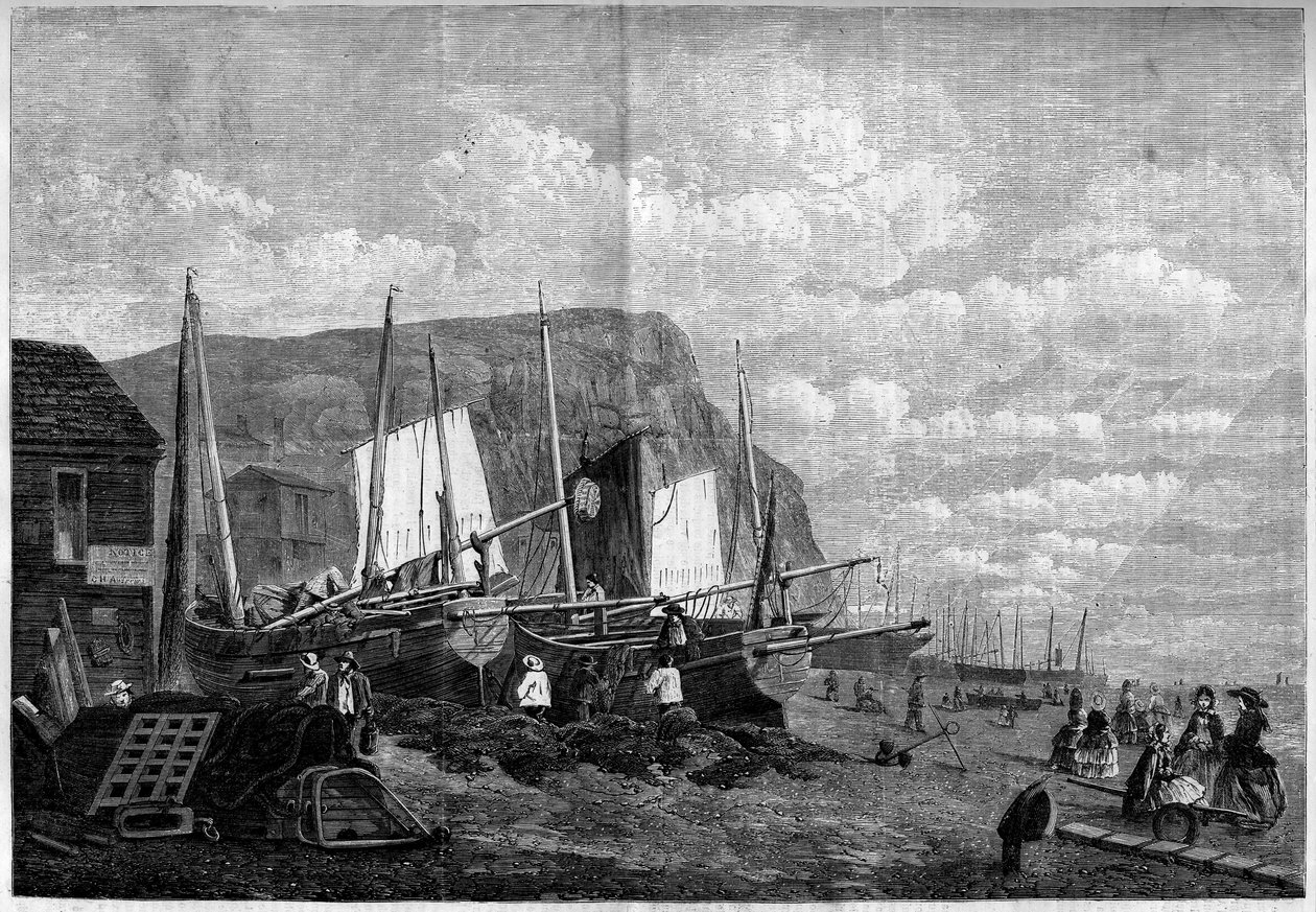 Barcos de pesca en la playa de Hastings, Inglaterra de French School
