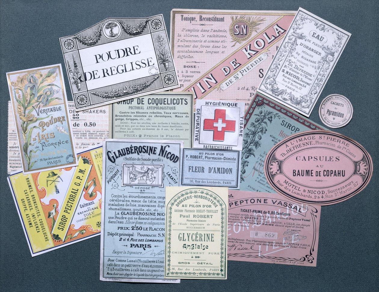 Etiquetas farmacéuticas, finales del siglo XIX y principios del siglo XX de French School