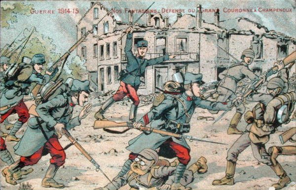 Postal que representa a la infantería francesa defendiendo Champenoux de French School