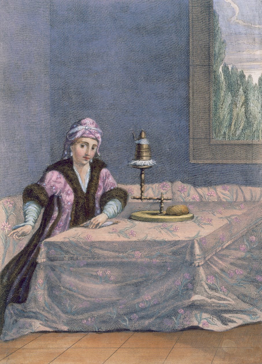 Mujer turca hilando hilo, c.1708 de French School