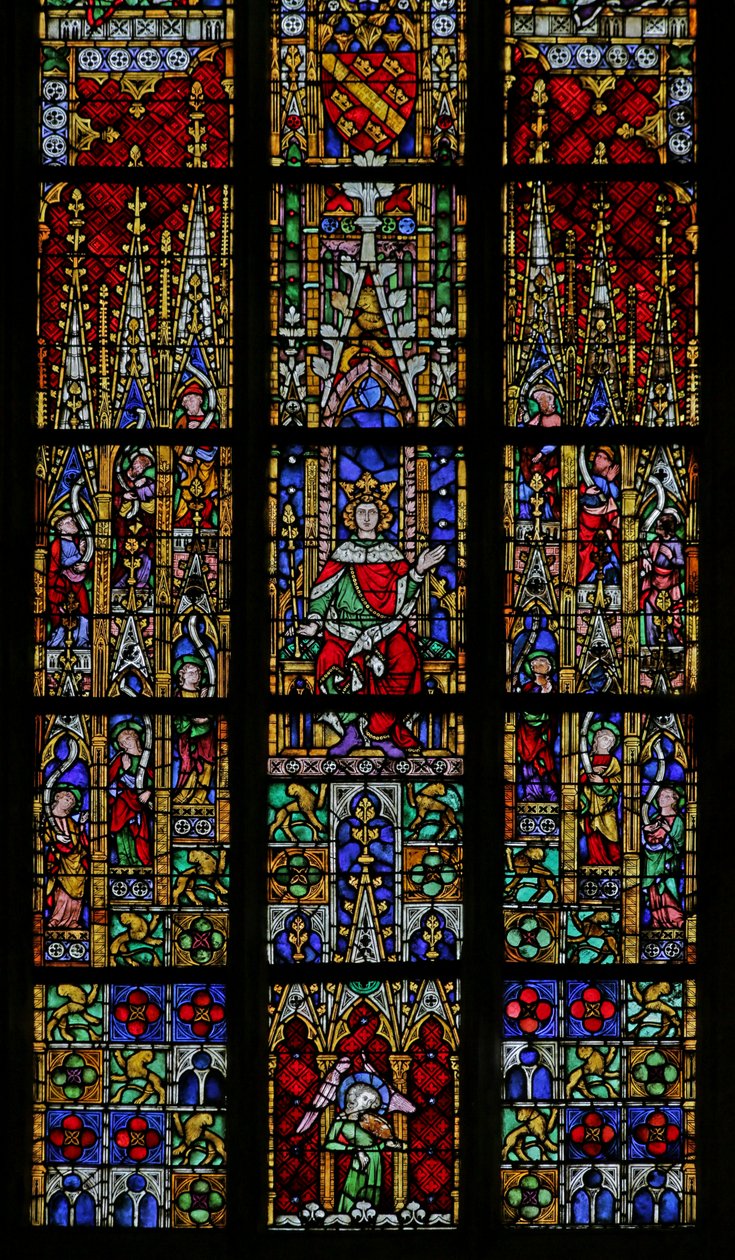 Ventana que representa al Rey Salomón entronizado de French School