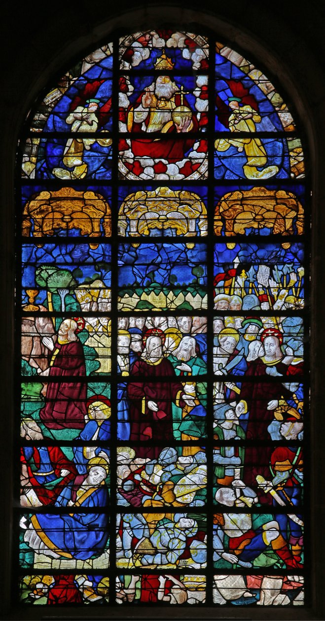 Ventana que representa escenas de la Pasión de French School