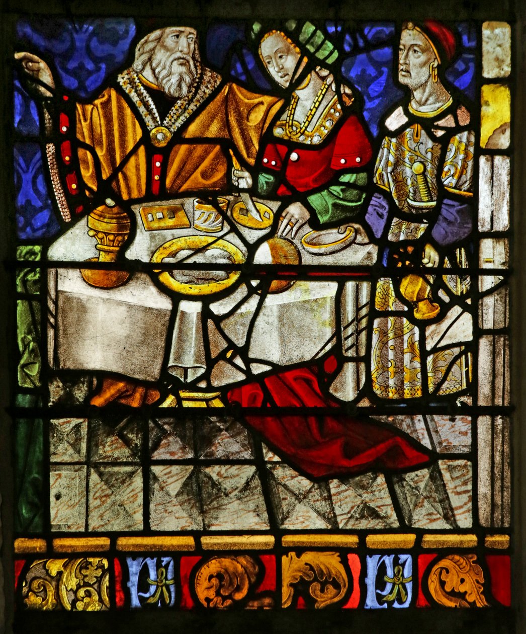 Ventana que representa escena de comida (vidriera) de French School