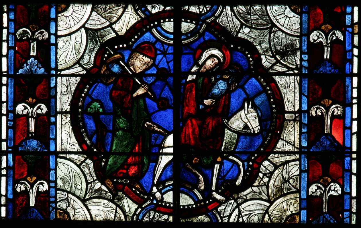 Ventana que representa la Huida a Egipto de French School