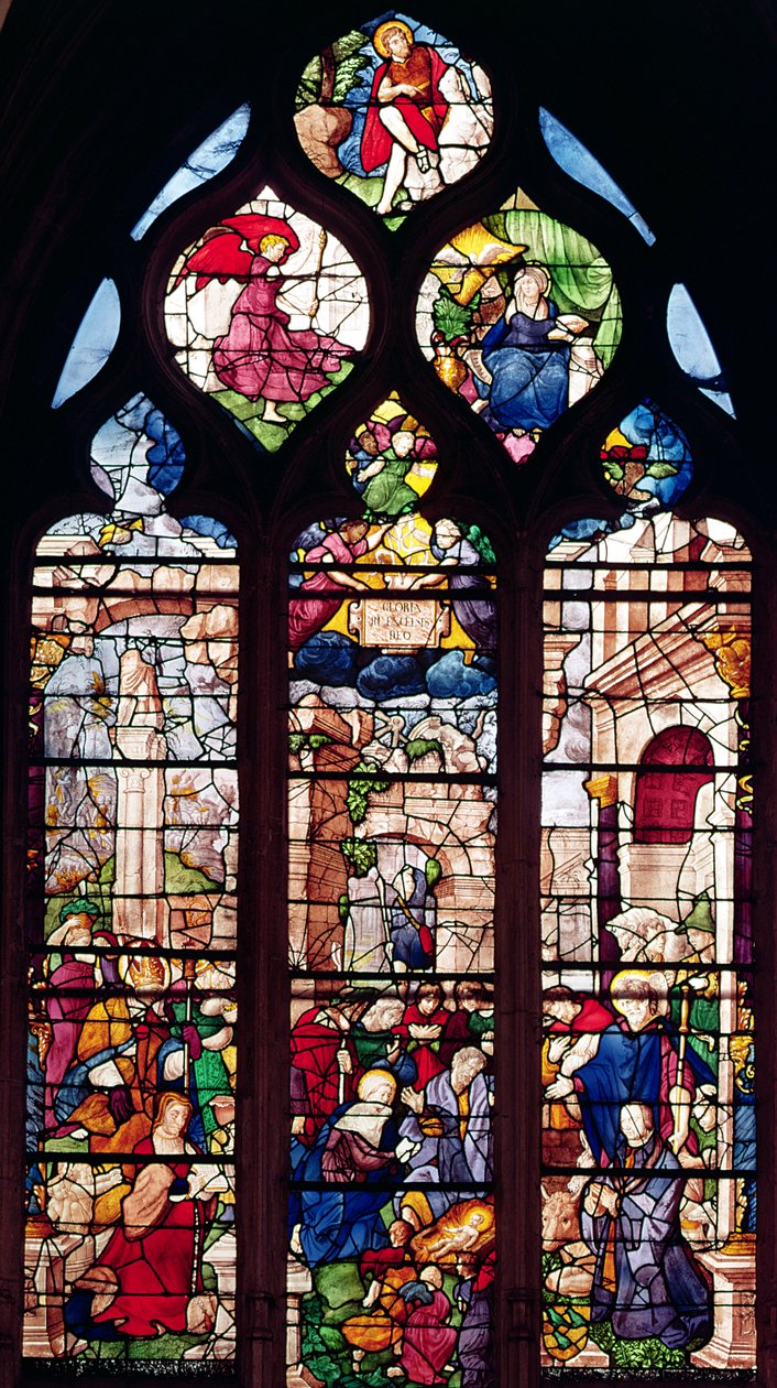 Ventana que representa la Natividad de French School
