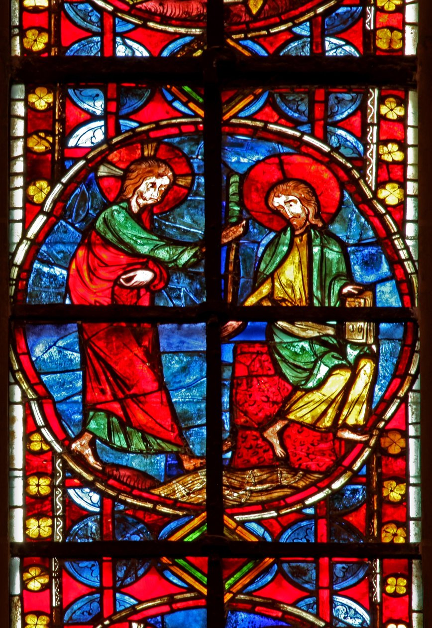 Ventana w210 que representa a Santiago con Cristo de French School