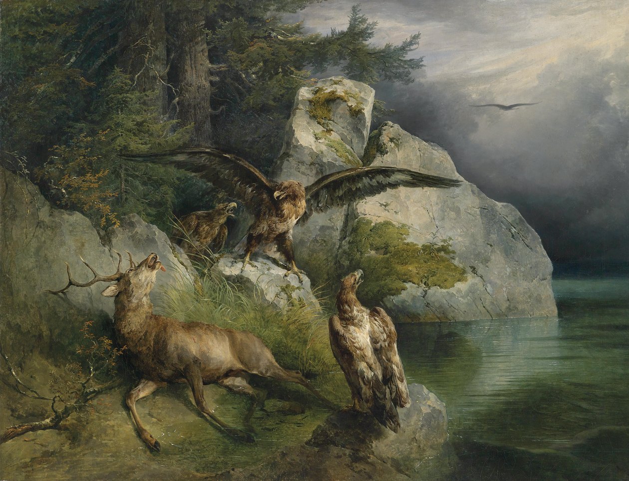 Águila y ciervo moribundo de Friedrich Gauermann