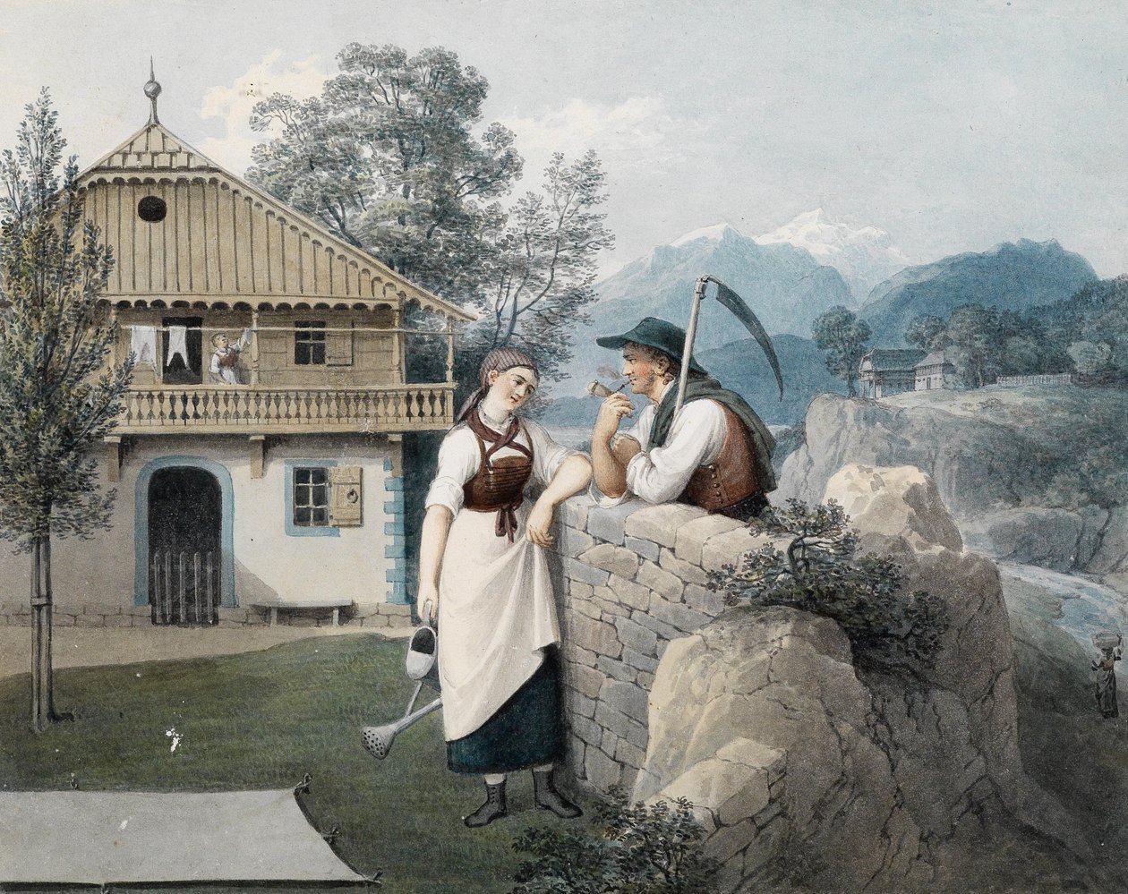 Niña con regadera y campesino con guadaña frente a una casa con frontón de Friedrich Philipp Reinhold