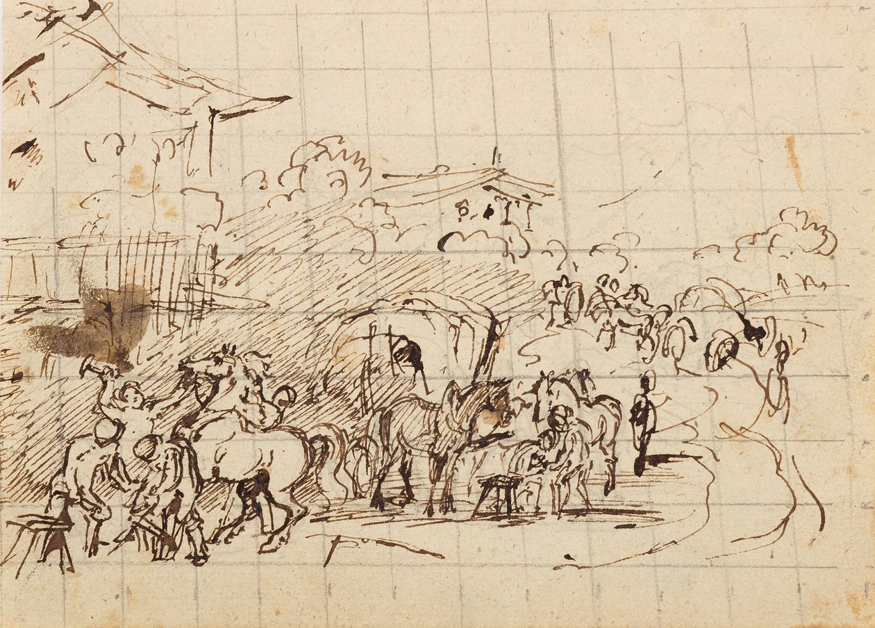 Caballos frente a una fragua de Friedrich August Mathias Gauermann