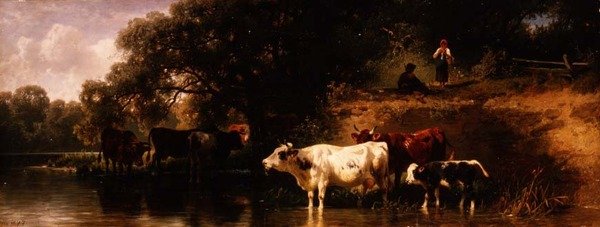 Ganado bebiendo en un paisaje boscoso de Friedrich Johann Voltz