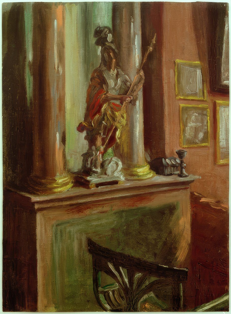Escena de taller con una estatuilla barroca de San Jorge de Fritz von Uhde