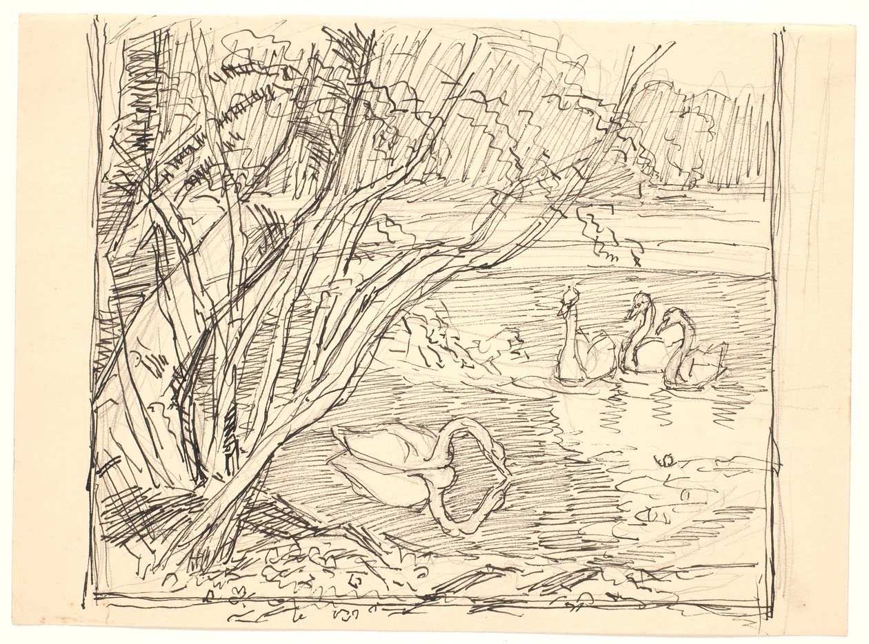 Un lago con cuatro cisnes de Fritz Syberg