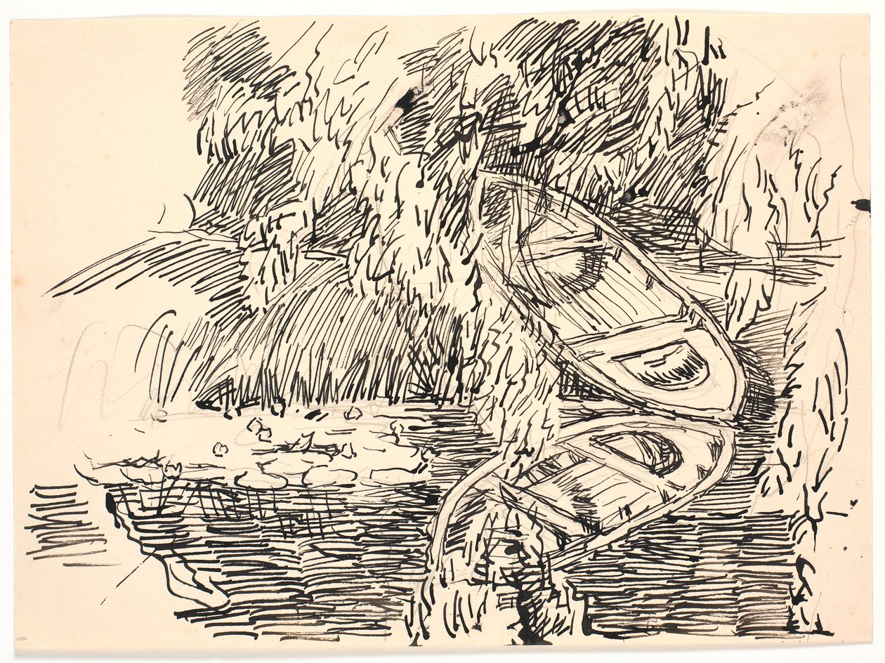 Un lago en el bosque con dos botes de remos de Fritz Syberg