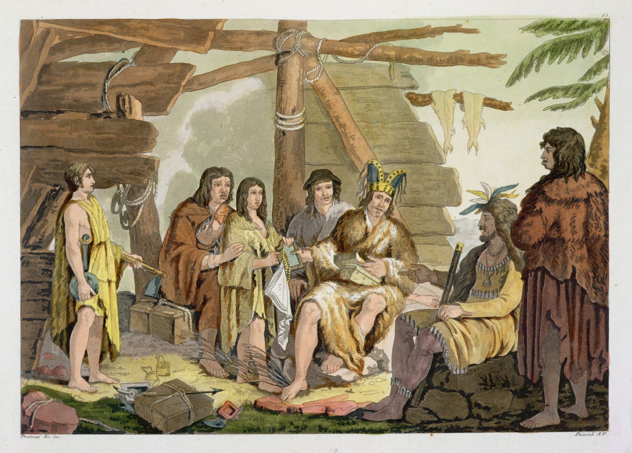 Indios comerciando con La Perouse en Canadá de G. Bramati