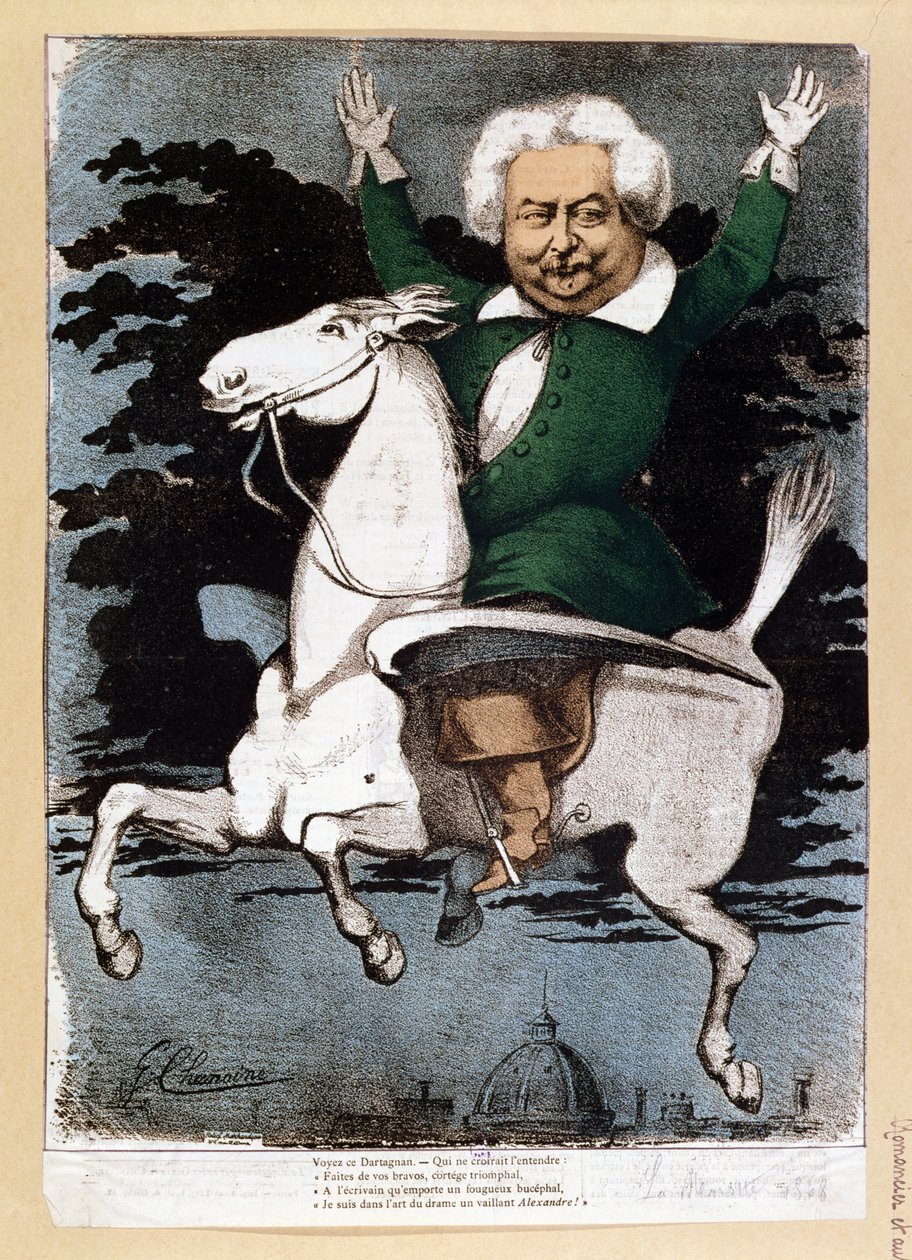 Caricatura de Alexandre Dumas padre (1803-70) como un Mosquetero, ilustración de La Marotte, 1868 de G. Chanoine