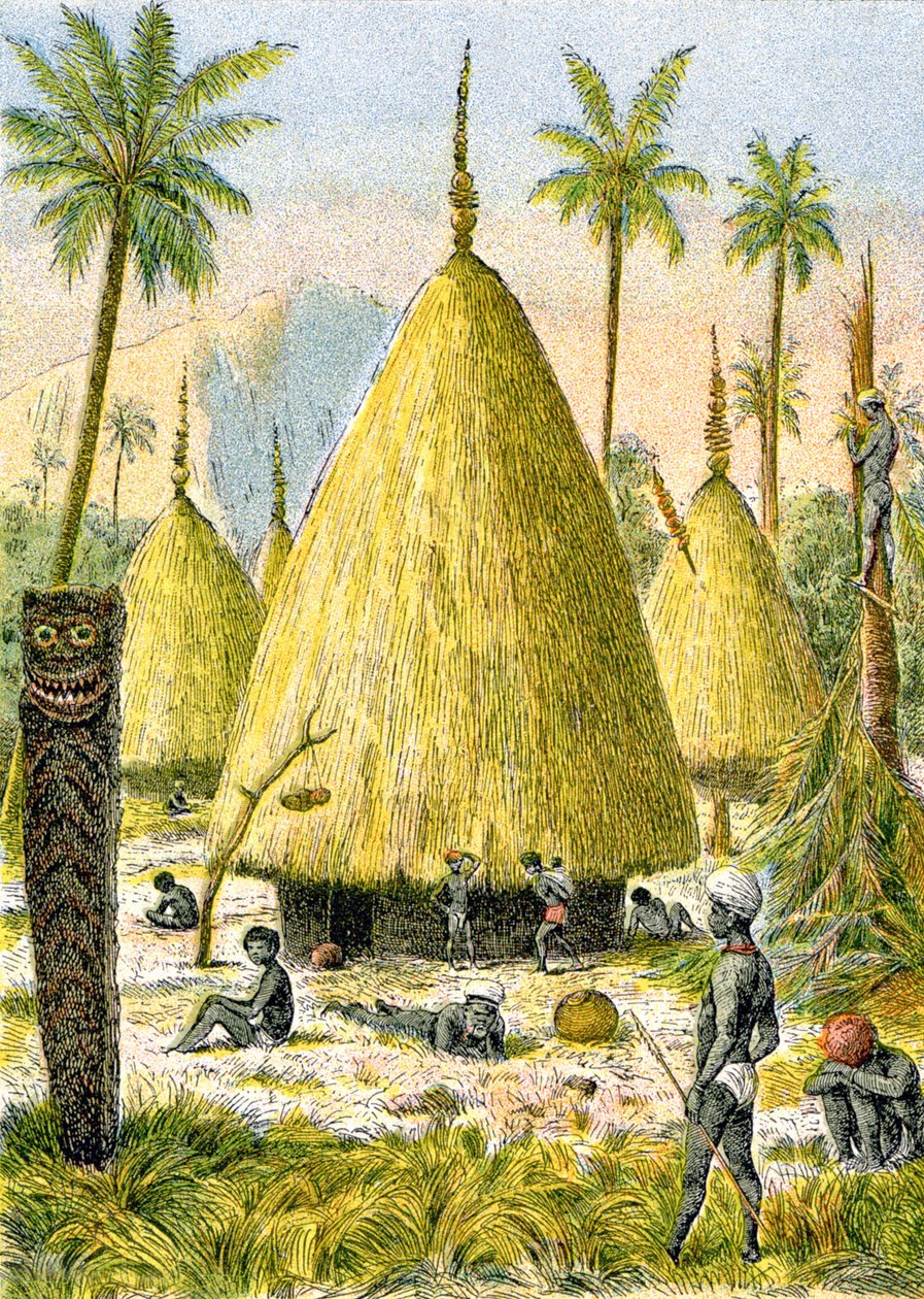 Aldea de Canaque en Nueva Caledonia, c.1900-1910 (ilustración) de G. Dascher