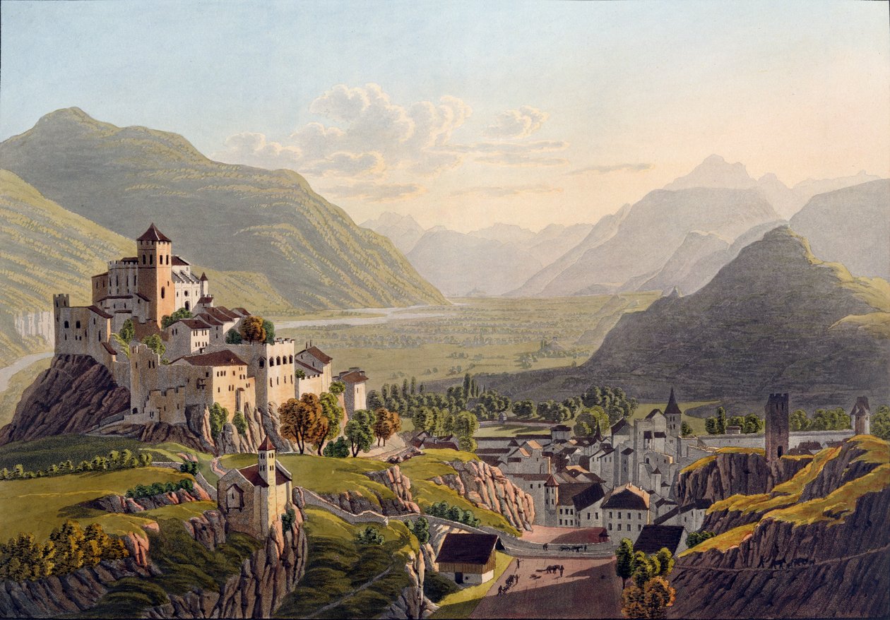 Vista de Sion, ilustración de Voyage Pittoresque de Genève à Milan, publicado en Basilea, 1819 de Mathias Gabriel Lory