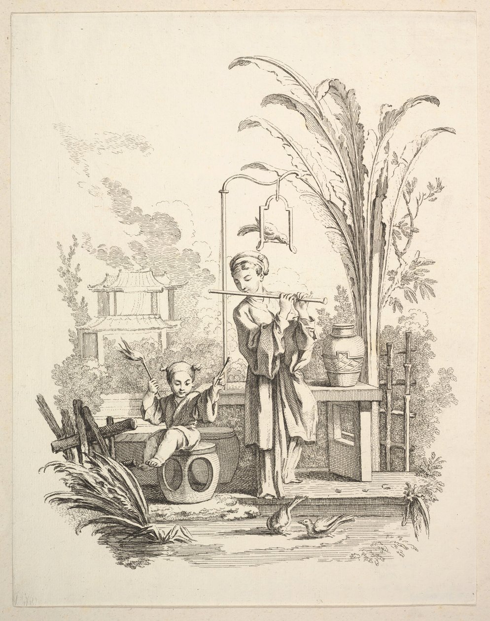 Flautista y un niño timbalero, ca. 1742 de Gabriel Huquier