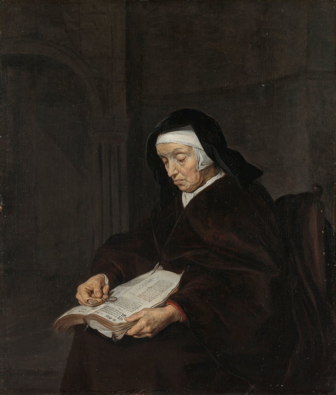 Mujer mayor meditando de Gabriel Metsu