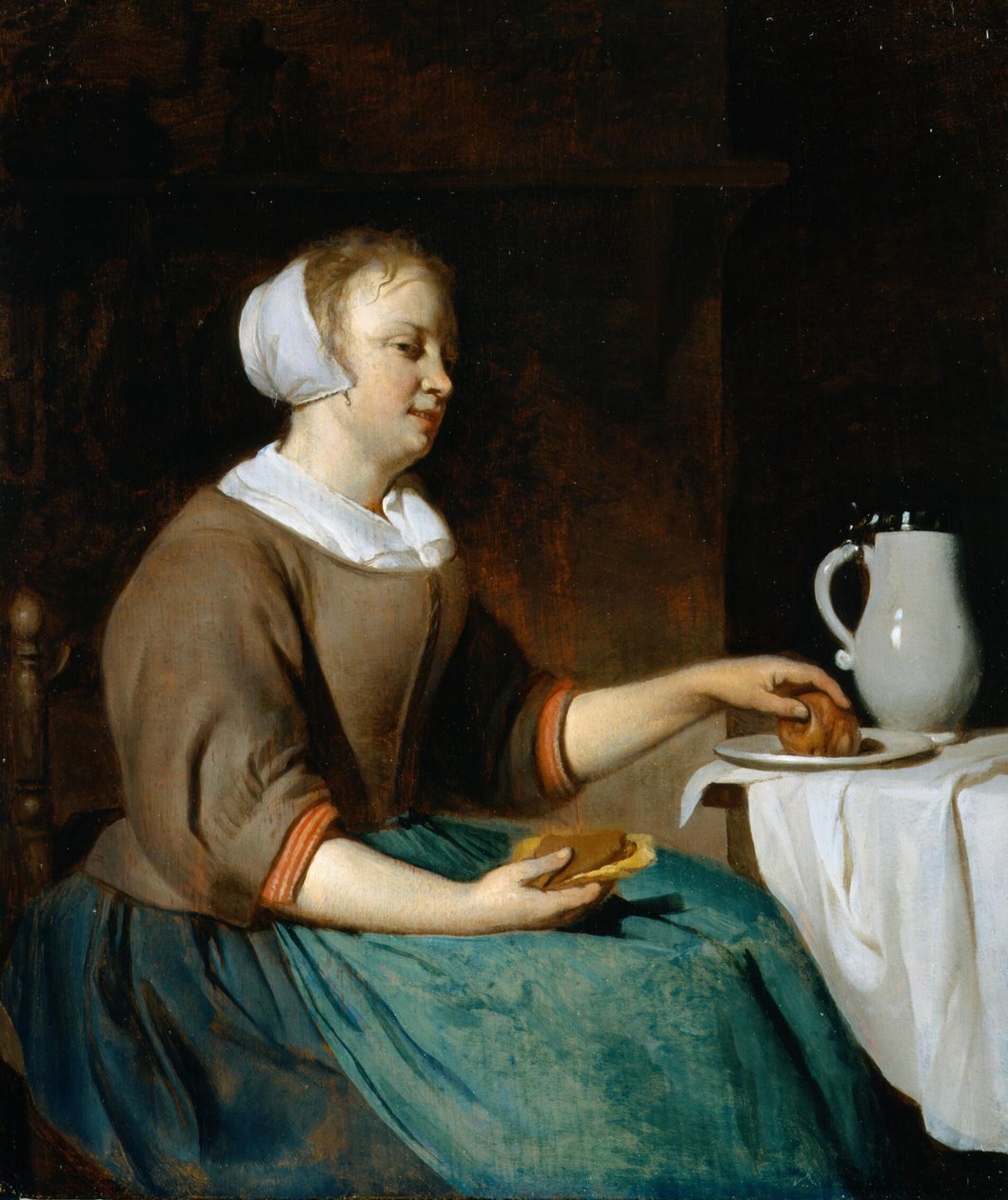 Mujer joven comiendo en una mesa de Gabriel Metsu