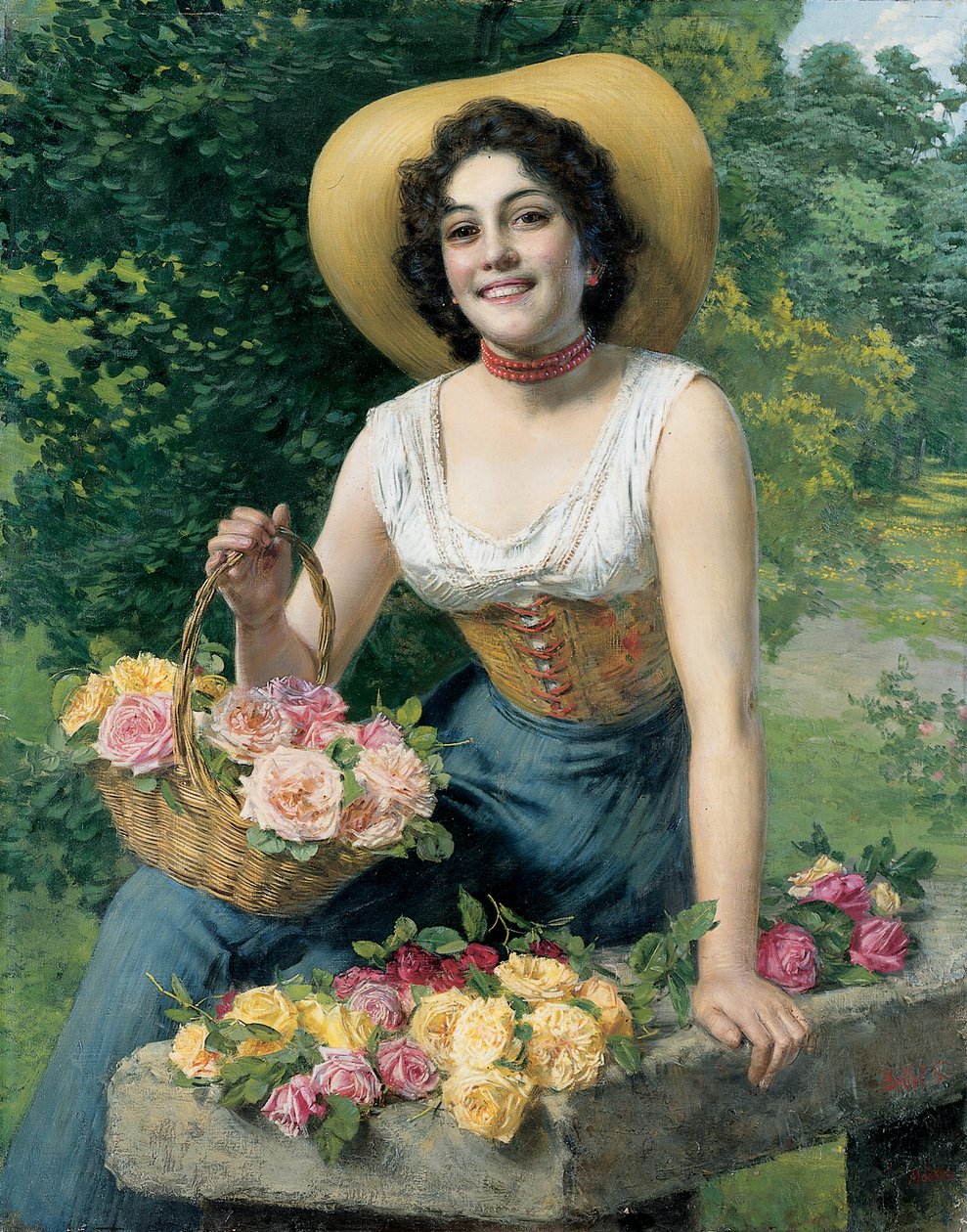 Una belleza sosteniendo una cesta de rosas de Gaetano Bellei