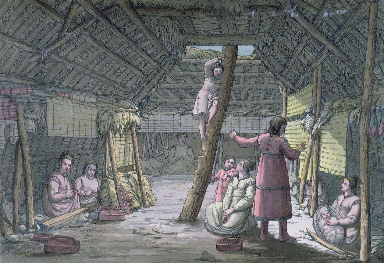Interior de una casa en Unalaska, ilustración de 