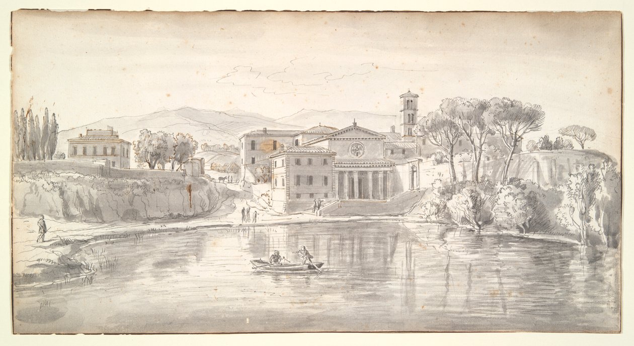 Iglesia y casas a lo largo de un río de Gaspar van Wittel