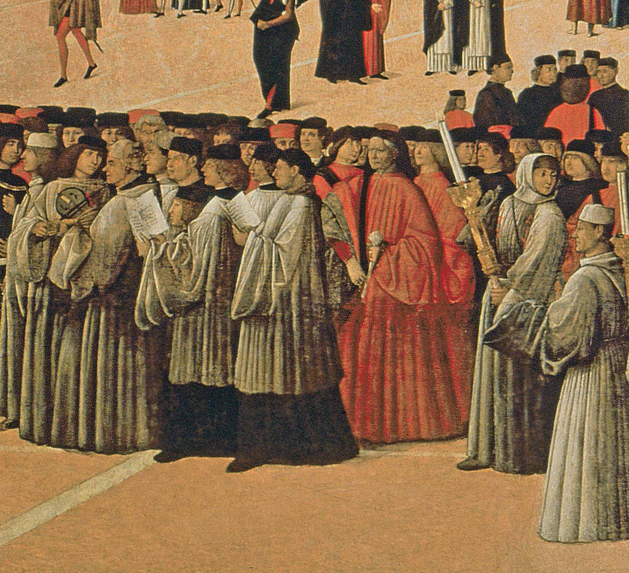 Procesión en la Plaza de San Marcos, detalle de cantantes (detalle) de Gentile Bellini