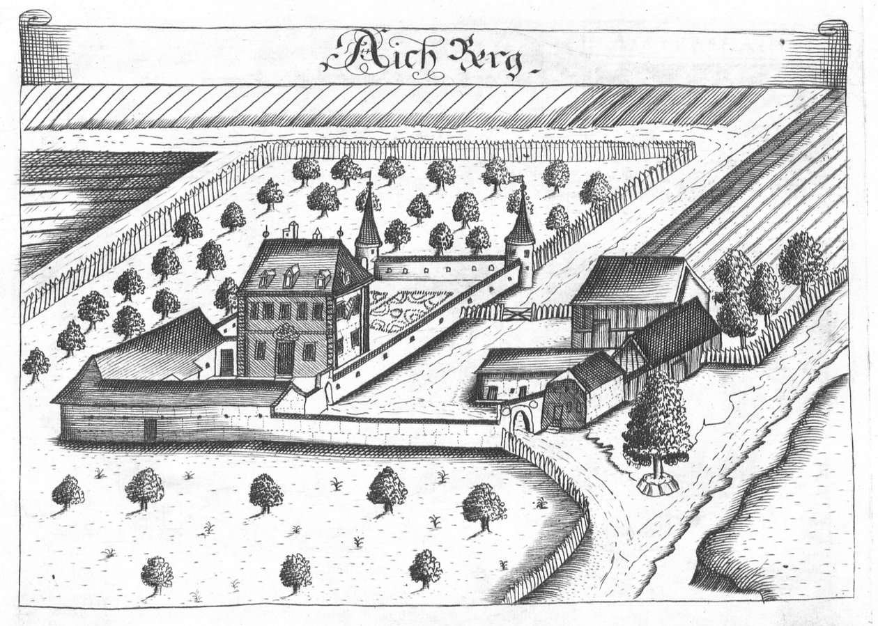 Grabado, vista del castillo de Aichberg, Alta Austria de Georg Matthaus Vischer