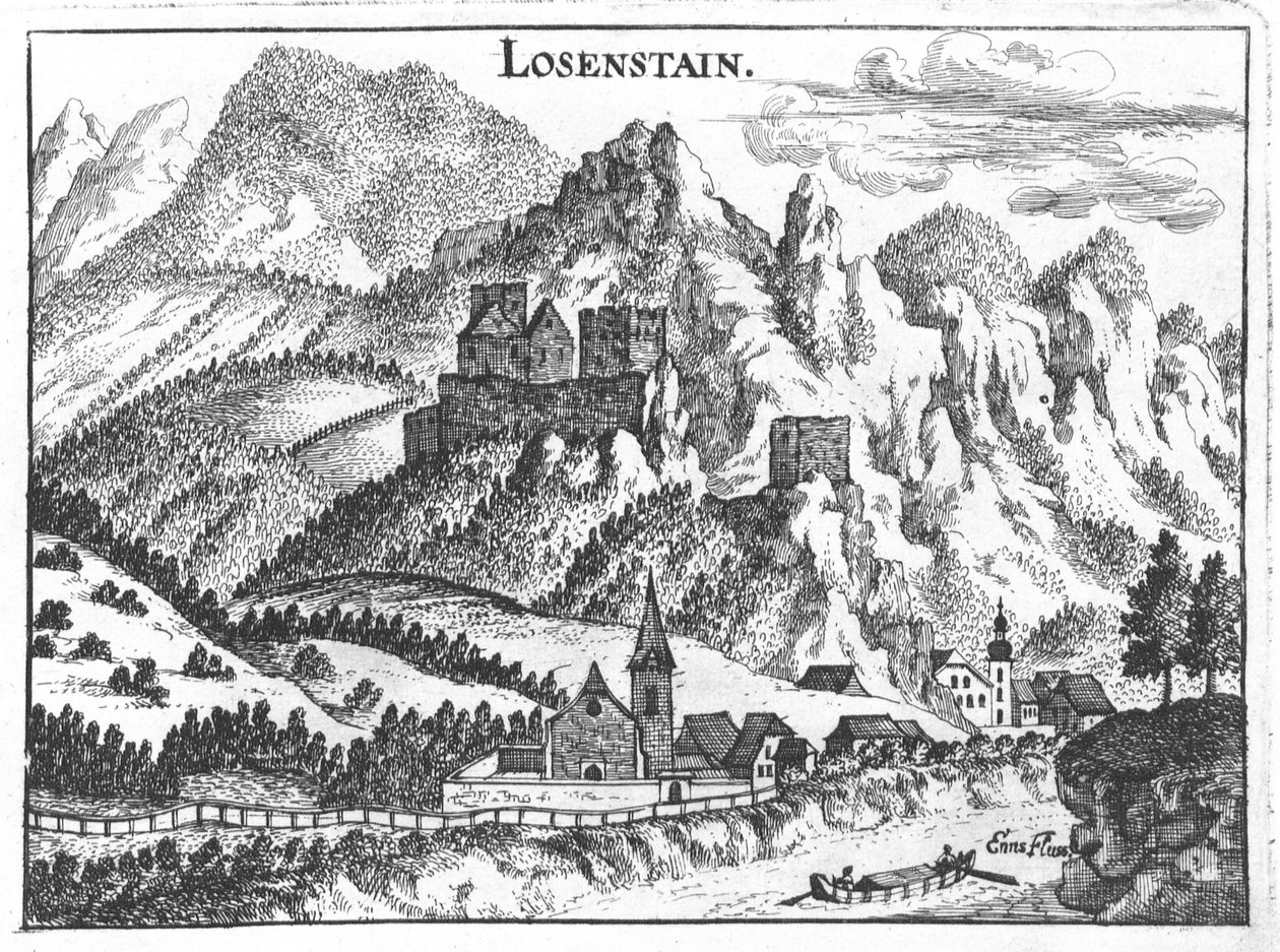 Grabado, vista del castillo de Losenstein, Alta Austria de Georg Matthaus Vischer