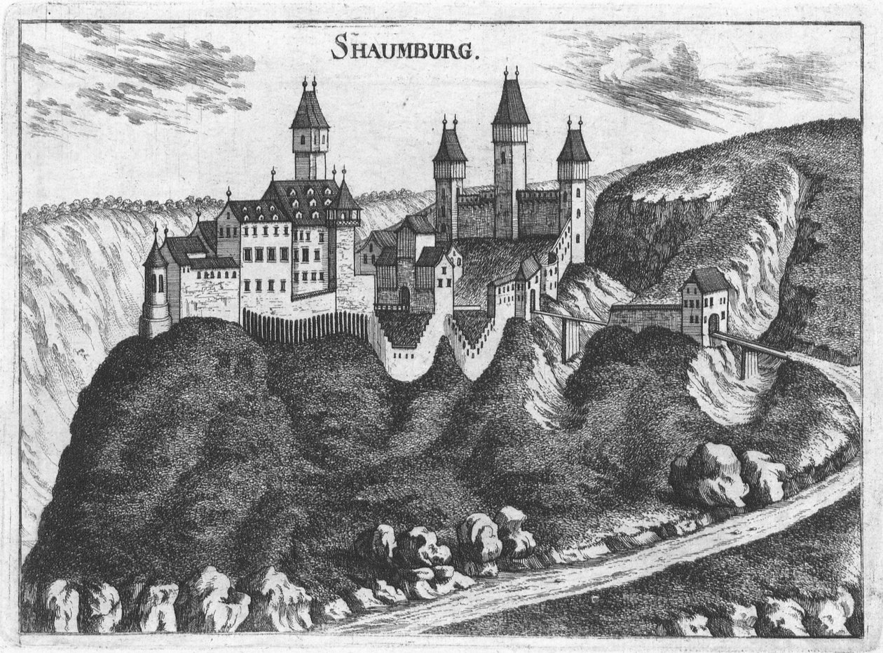 Grabado, vista del castillo de Schaunburg, Alta Austria de Georg Matthäus  Vischer